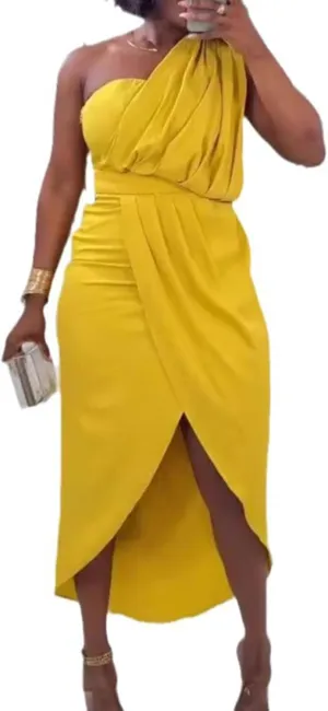 Womens Summer Bodycon Dress Sexy One Shoulder Sleeveless Pleated Wrap Midi Dress Work Cocktail Dress