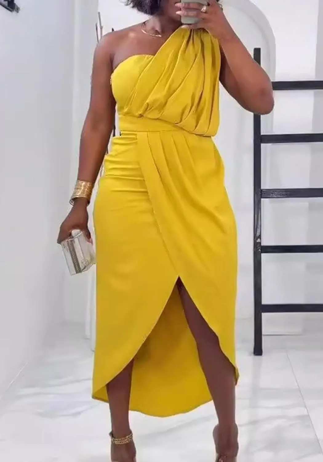 Womens Summer Bodycon Dress Sexy One Shoulder Sleeveless Pleated Wrap Midi Dress Work Cocktail Dress