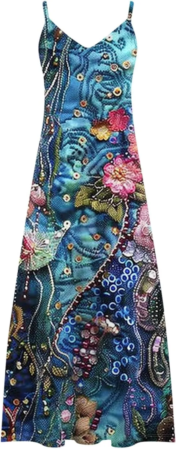 Womens Summer Boho Maxi Dress Spaghetti Strap V-neck Long Sundresses Beach Floral Sexy Loose Flowy Trendy Dresses