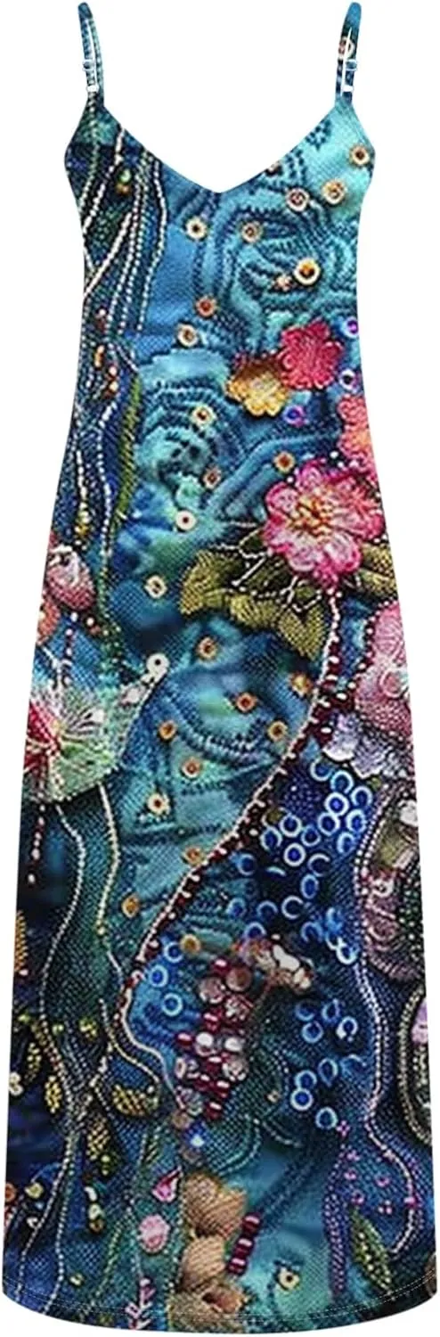 Womens Summer Boho Maxi Dress Spaghetti Strap V-neck Long Sundresses Beach Floral Sexy Loose Flowy Trendy Dresses