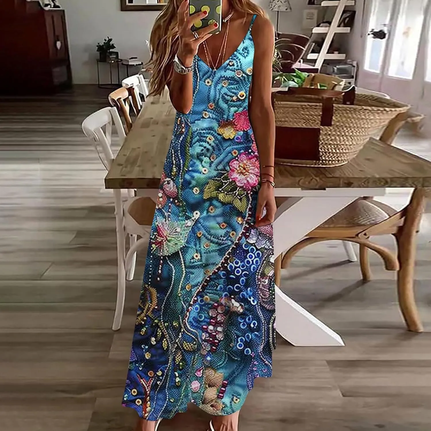 Womens Summer Boho Maxi Dress Spaghetti Strap V-neck Long Sundresses Beach Floral Sexy Loose Flowy Trendy Dresses