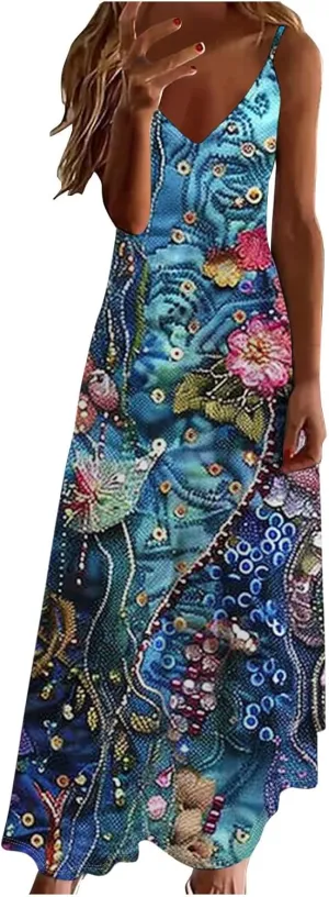 Womens Summer Boho Maxi Dress Spaghetti Strap V-neck Long Sundresses Beach Floral Sexy Loose Flowy Trendy Dresses