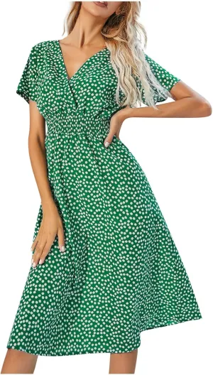 Women's Summer Casual Floral Print Boho Dress 2024 V-Neck Short Sleeve Maxi Dresses, S-5XL