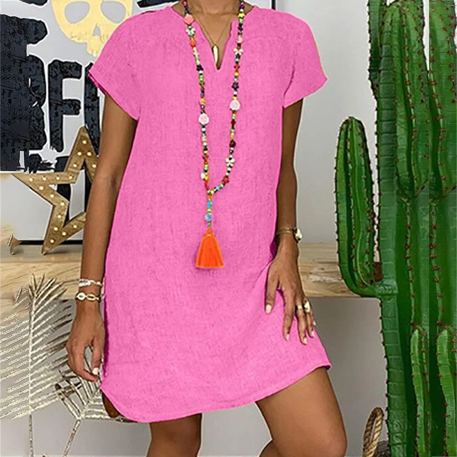 Womens Summer Cotton Linen Dress Sleeveless V Neck Loose Keen Length Long Dresses Comfy Casual Plus Size Maxi Dress