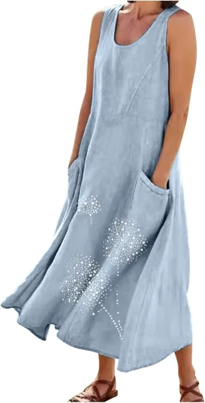 Womens Summer Cotton Linen Long Dress Loose Fit Sleeveless Flowy Dresses 2025 Plus Size Casual Dress with Pockets