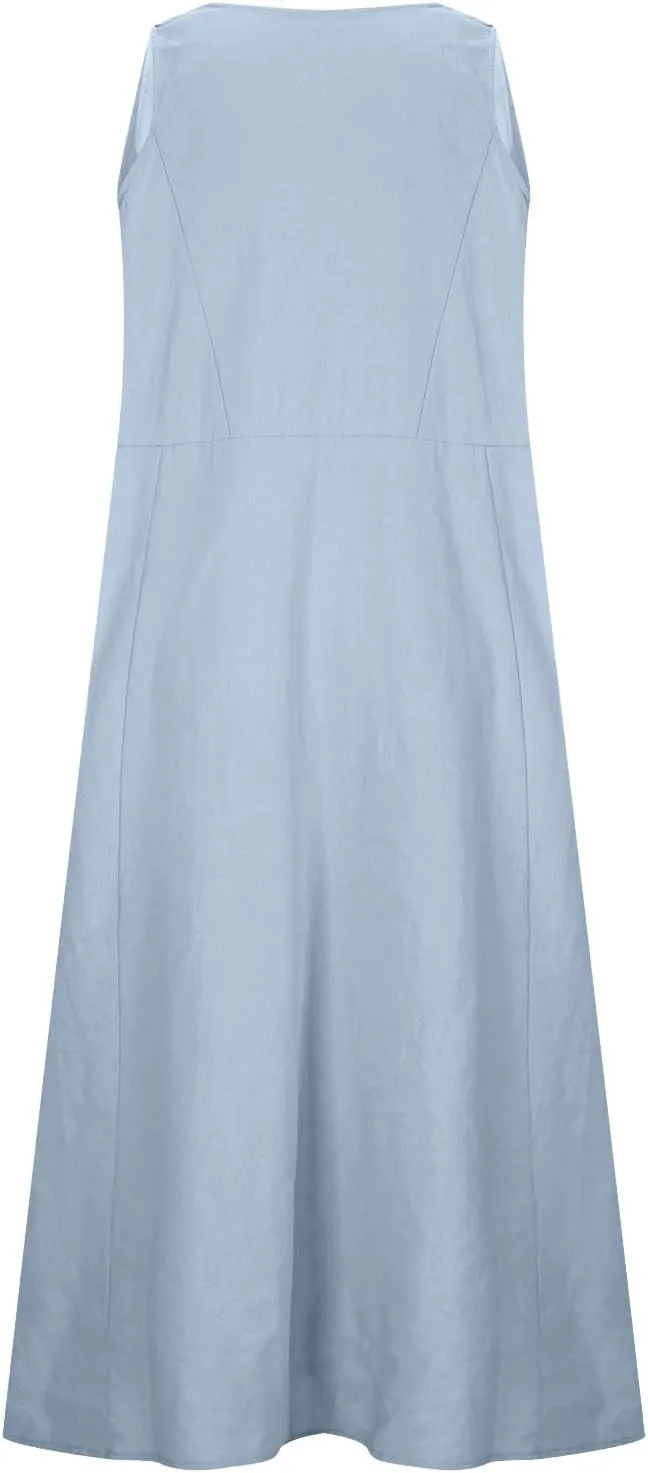 Womens Summer Cotton Linen Long Dress Loose Fit Sleeveless Flowy Dresses 2025 Plus Size Casual Dress with Pockets