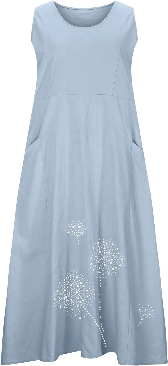 Womens Summer Cotton Linen Long Dress Loose Fit Sleeveless Flowy Dresses 2025 Plus Size Casual Dress with Pockets
