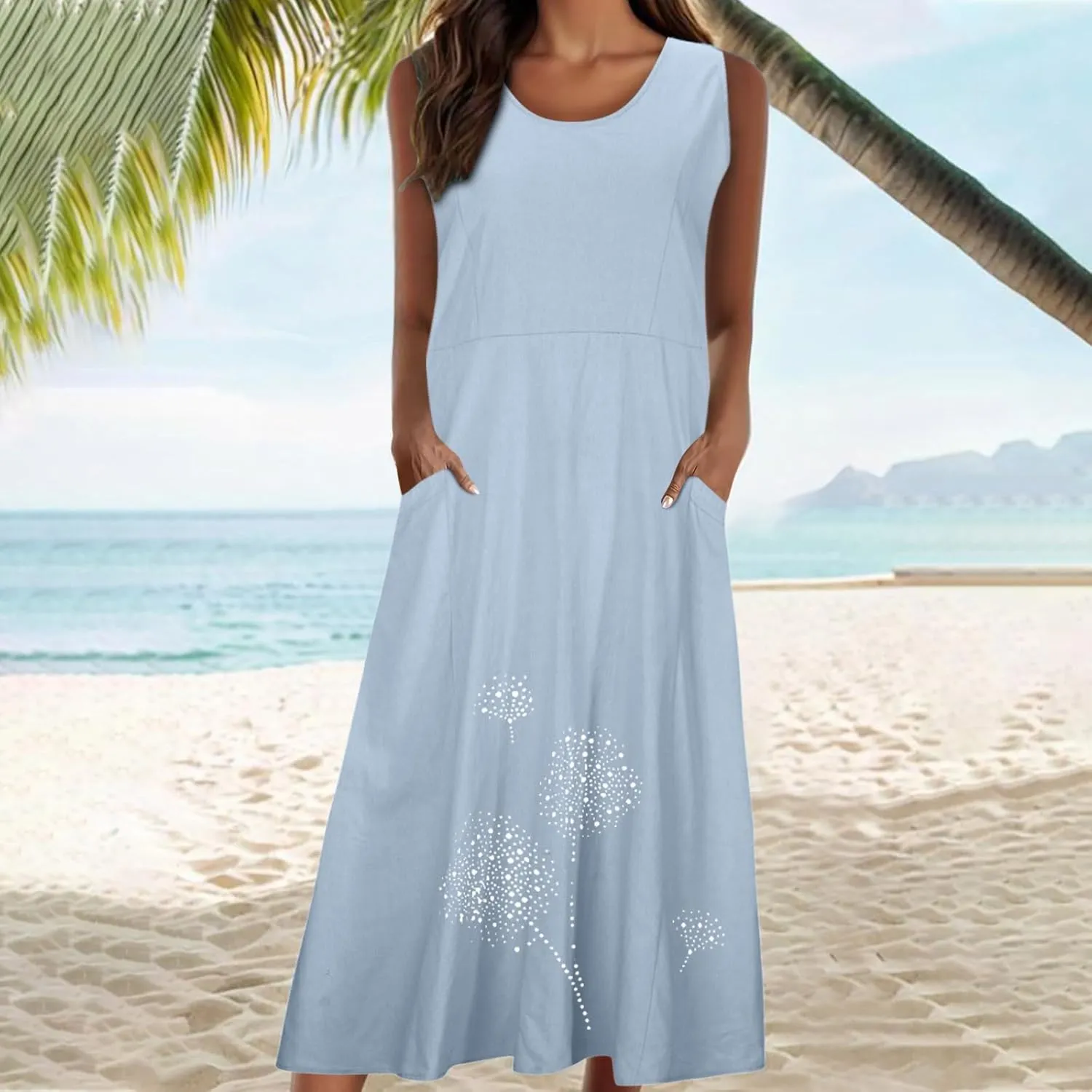 Womens Summer Cotton Linen Long Dress Loose Fit Sleeveless Flowy Dresses 2025 Plus Size Casual Dress with Pockets