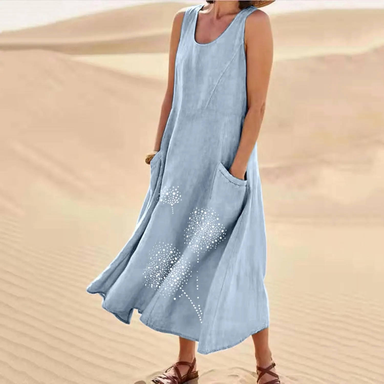 Womens Summer Cotton Linen Long Dress Loose Fit Sleeveless Flowy Dresses 2025 Plus Size Casual Dress with Pockets