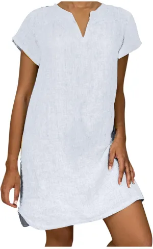 Womens Summer Cotton Linen V Neck Short Dress Short Sleeve Mini Dress Casual Loose Tshirt Dress Plus Size Sundress