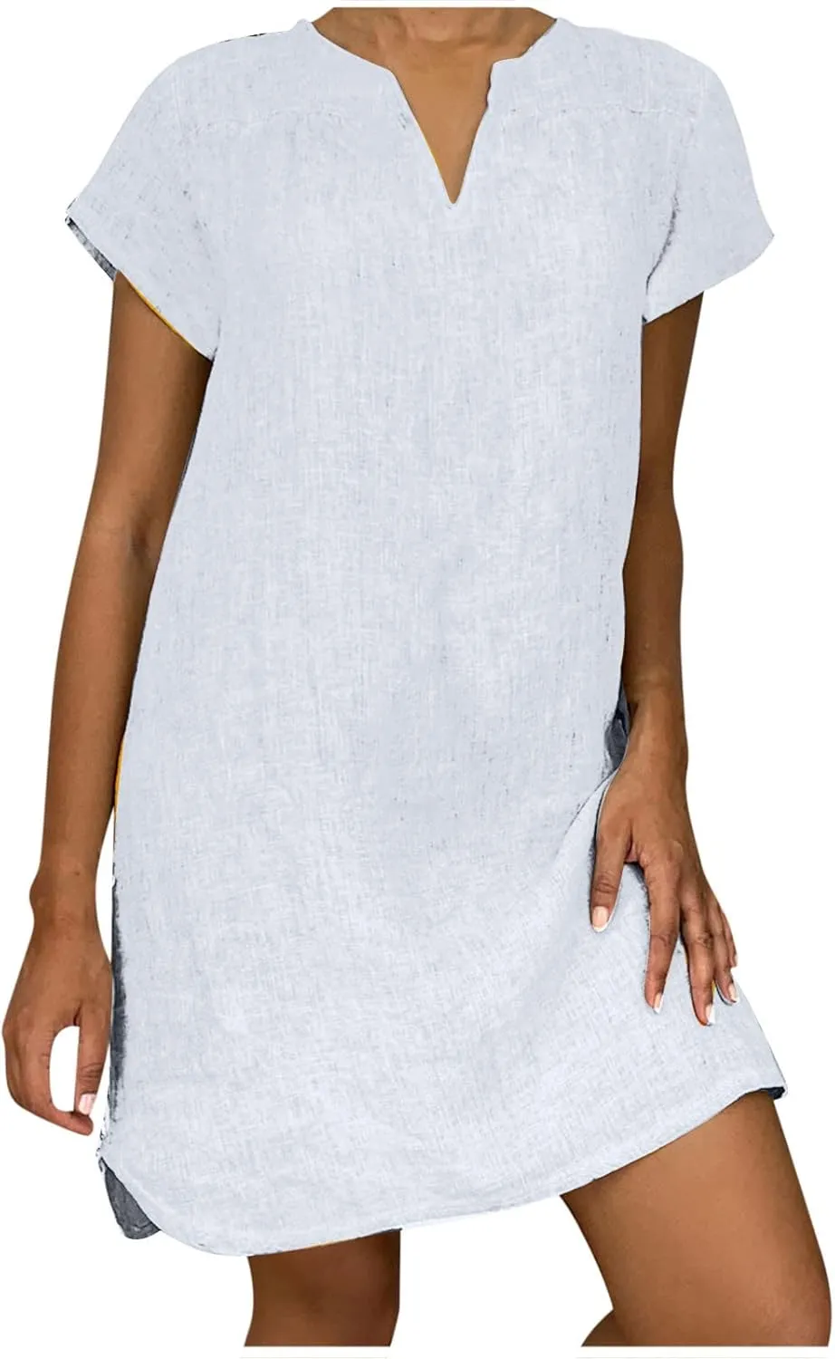 Womens Summer Cotton Linen V Neck Short Dress Short Sleeve Mini Dress Casual Loose Tshirt Dress Plus Size Sundress