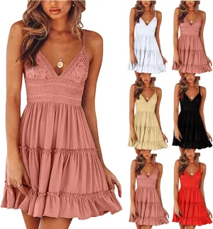Women's Summer Dresses 2025 Mini Lace Floral V Neck Sleeveless Puffy Dress Elegant Flowy Tie Back Concert Milkmaid Dress