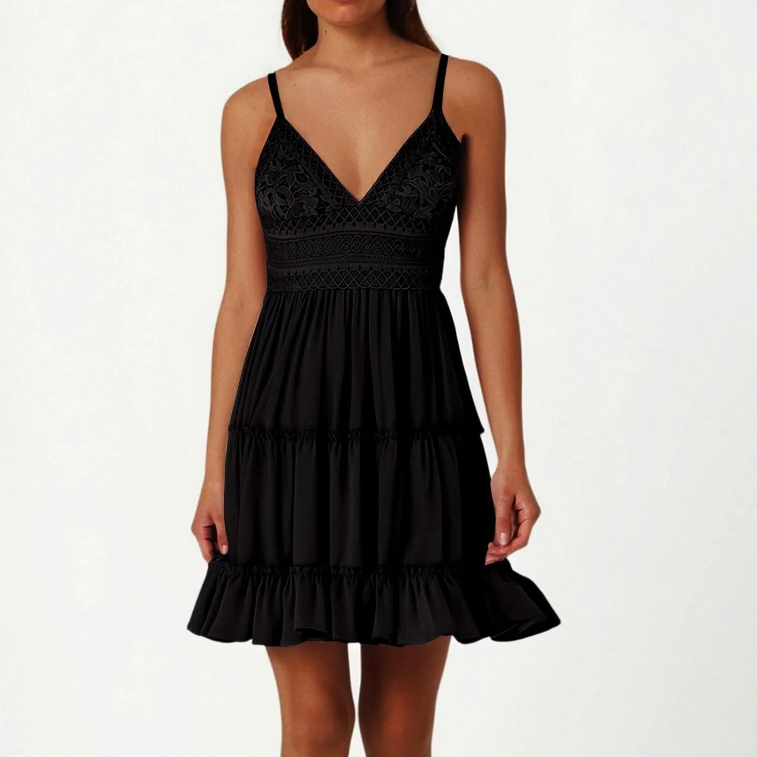 Women's Summer Dresses 2025 Mini Lace Floral V Neck Sleeveless Puffy Dress Elegant Flowy Tie Back Concert Milkmaid Dress