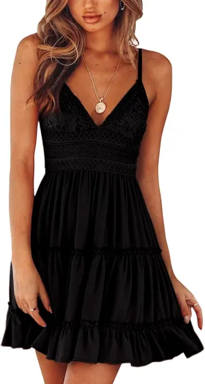 Women's Summer Dresses 2025 Mini Lace Floral V Neck Sleeveless Puffy Dress Elegant Flowy Tie Back Concert Milkmaid Dress