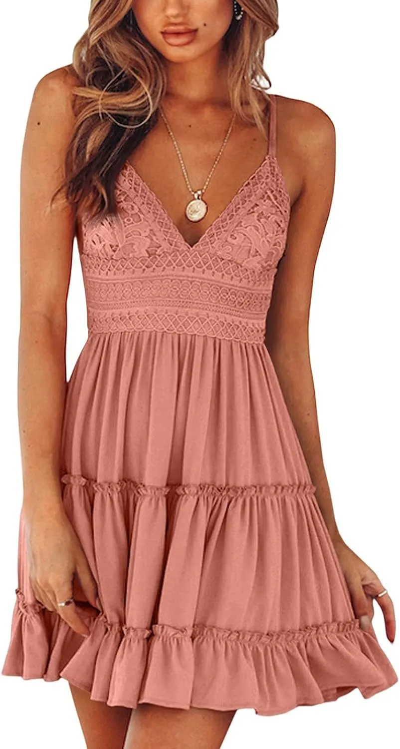 Women's Summer Dresses 2025 Mini Lace Floral V Neck Sleeveless Puffy Dress Elegant Flowy Tie Back Concert Milkmaid Dress