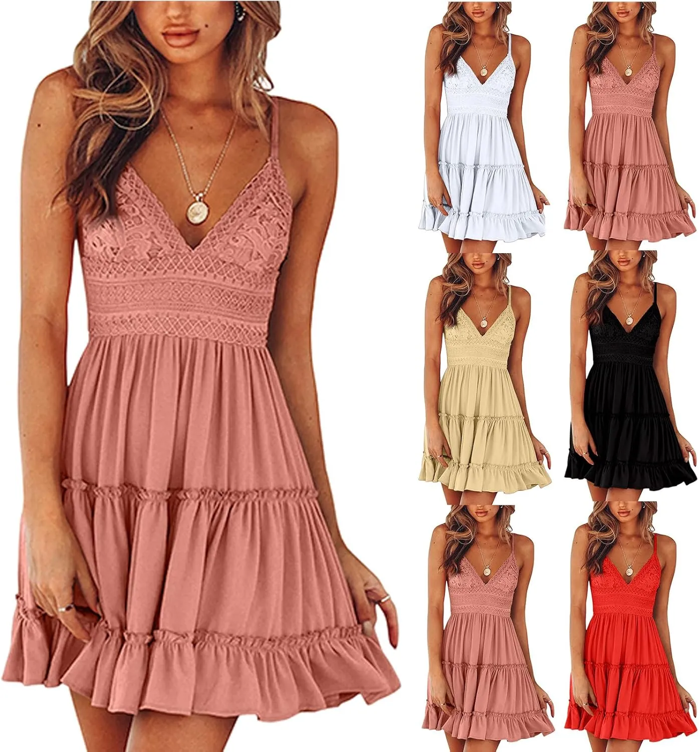 Women's Summer Dresses 2025 Mini Lace Floral V Neck Sleeveless Puffy Dress Elegant Flowy Tie Back Concert Milkmaid Dress