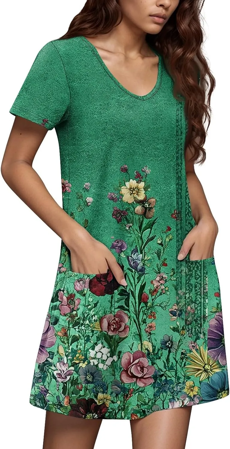 Womens Summer Dresses Short Sleeve V Neck Trendy Casual Boho T Shirt Dress for Women with Pockets