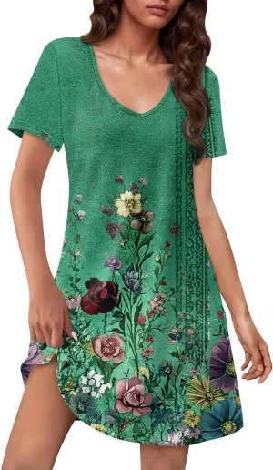 Womens Summer Dresses Short Sleeve V Neck Trendy Casual Boho T Shirt Dress for Women with Pockets