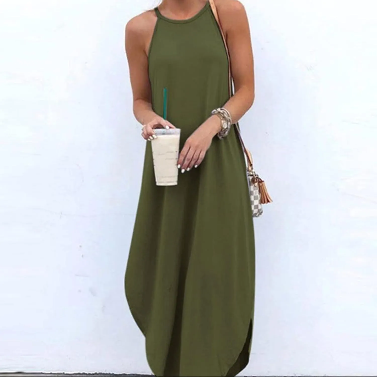 Women's Summer Dresses Spring Cotton Linen Spaghetti Casual Beach Outfits Clothes Flowy Split Maxi Sundress