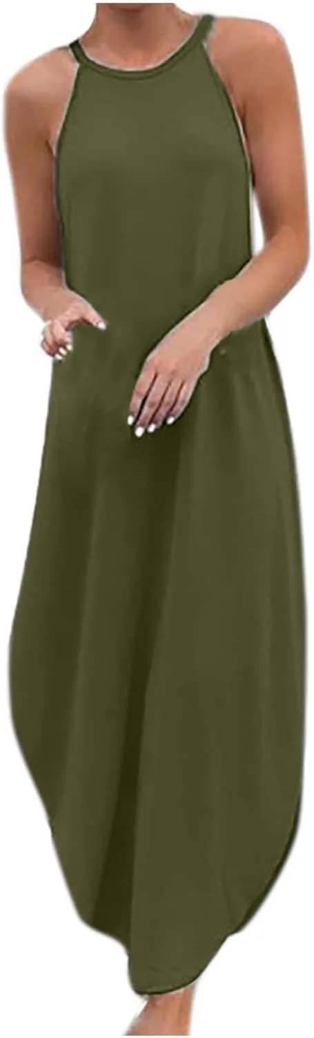 Women's Summer Dresses Spring Cotton Linen Spaghetti Casual Beach Outfits Clothes Flowy Split Maxi Sundress
