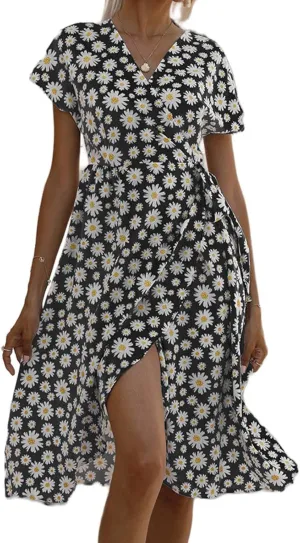 Womens Summer Floral Print Dress Wrap V Neck Short Sleeve A Line Mini Dress Tie Waist Ruffle Split Hem Midi Dress