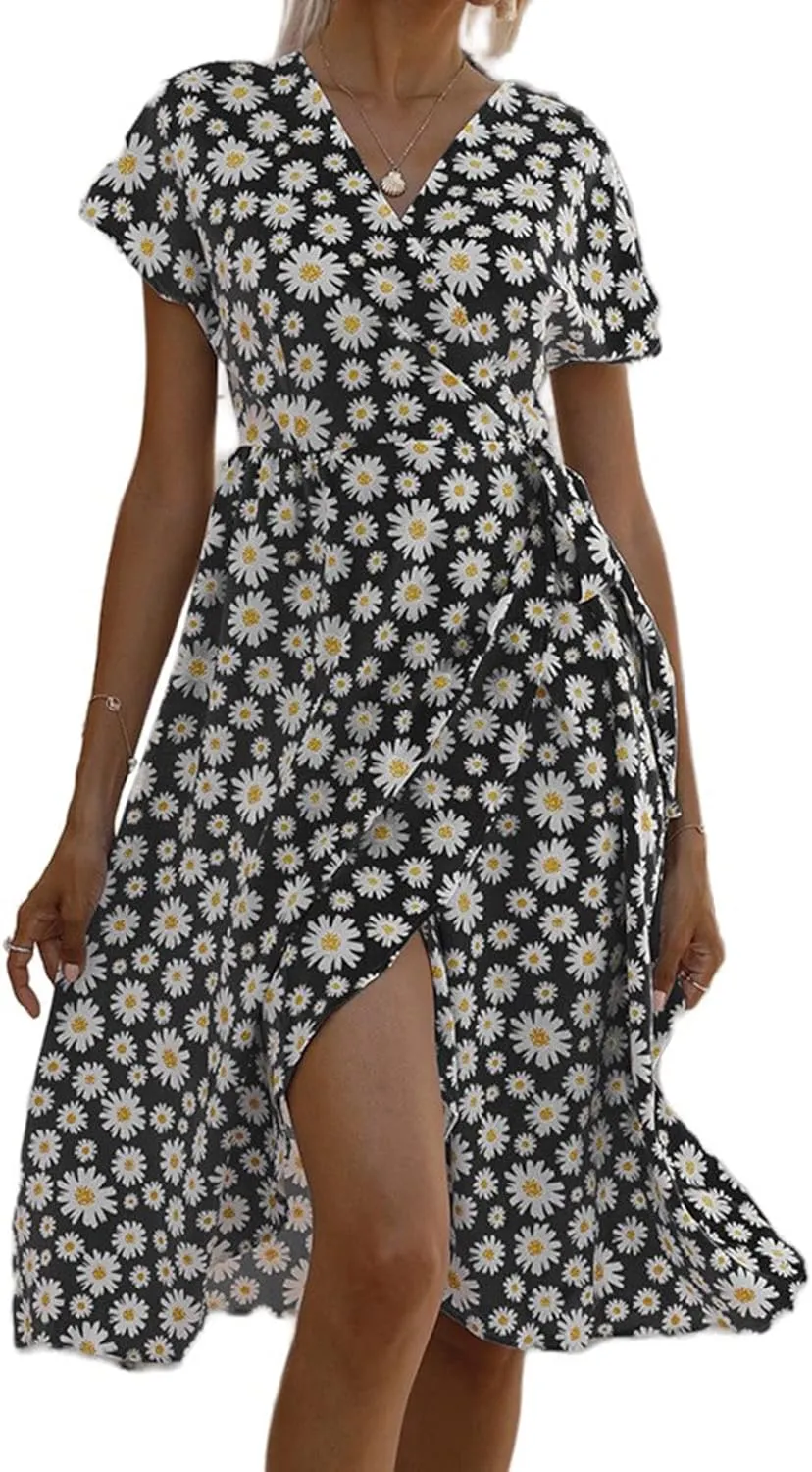 Womens Summer Floral Print Dress Wrap V Neck Short Sleeve A Line Mini Dress Tie Waist Ruffle Split Hem Midi Dress