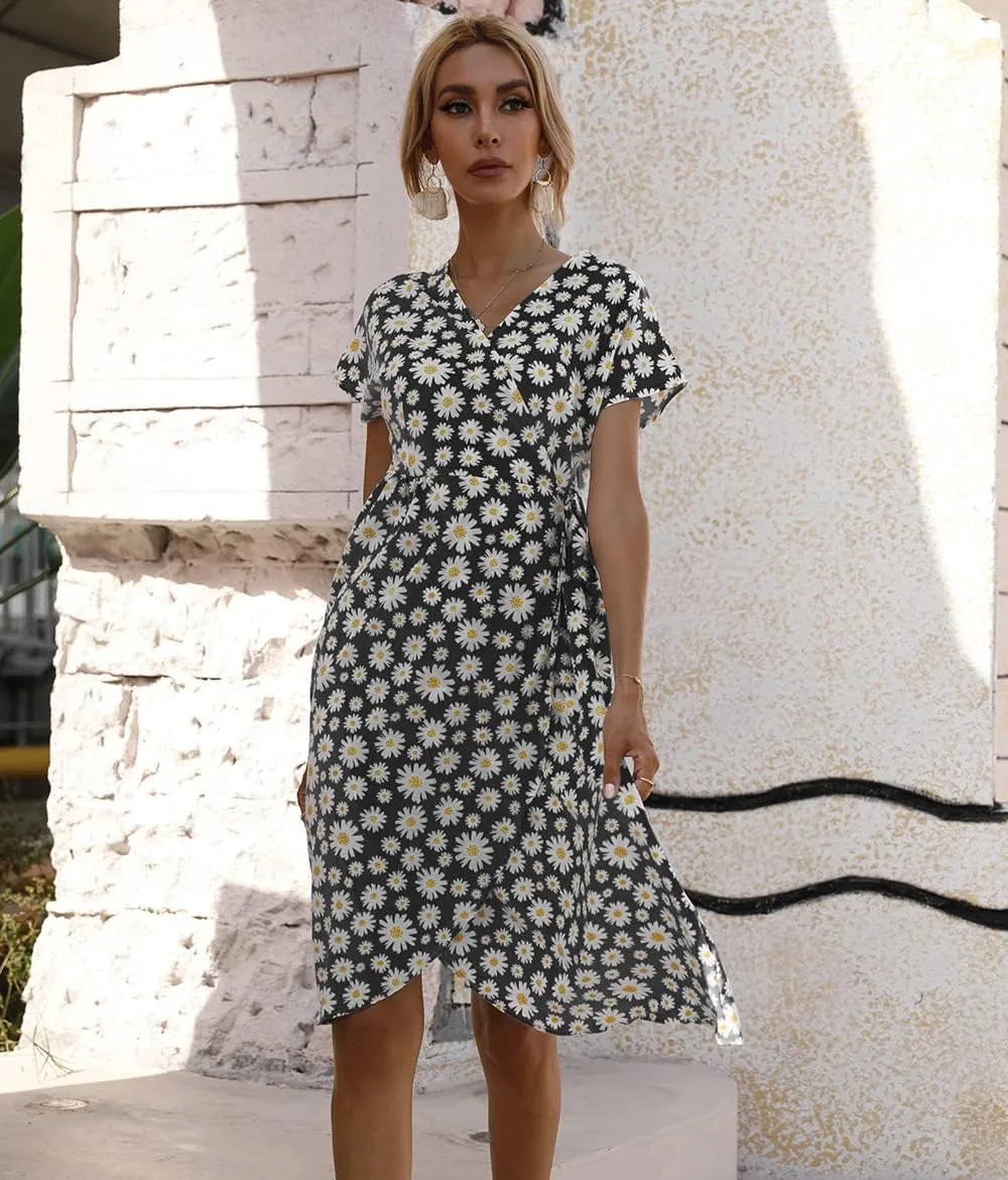Womens Summer Floral Print Dress Wrap V Neck Short Sleeve A Line Mini Dress Tie Waist Ruffle Split Hem Midi Dress