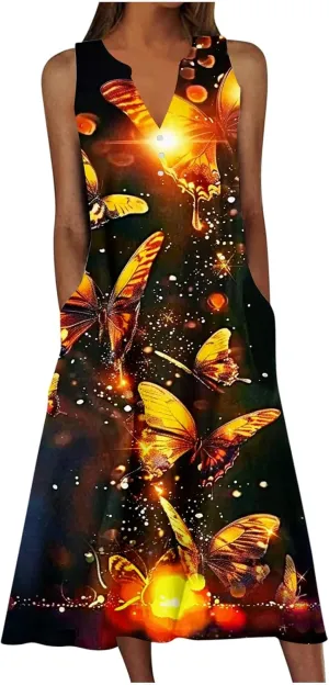 Womens Summer Floral Sundress Fashion Sleeveless Dresses V Neck Pockets Beach Vacation Sun Dress Trendy Print Clothes