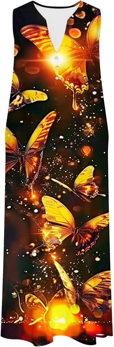 Womens Summer Floral Sundress Fashion Sleeveless Dresses V Neck Pockets Beach Vacation Sun Dress Trendy Print Clothes