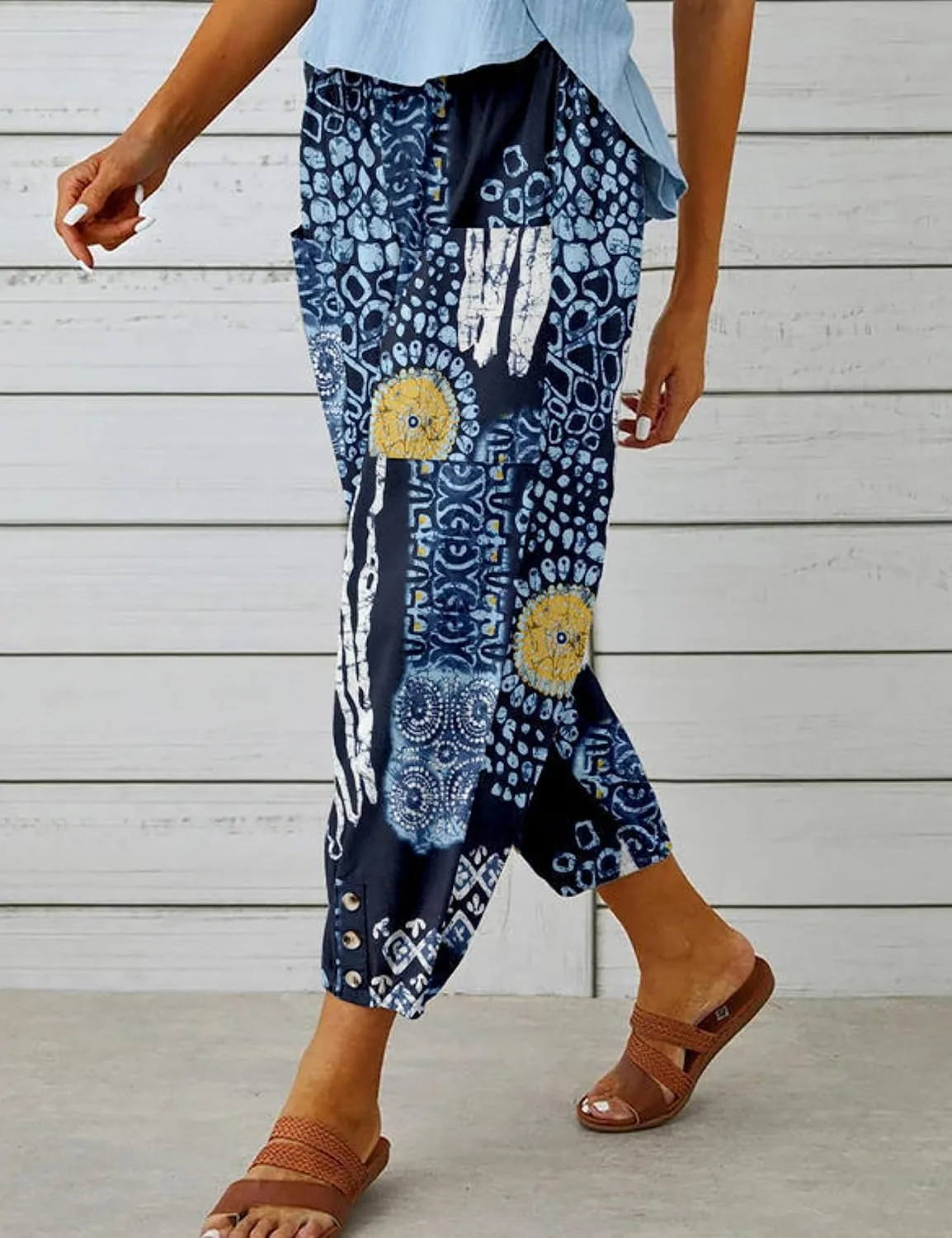 Women's Summer Linen Pants High Waisted Drawstring Printed Bohemian Capris Trousers