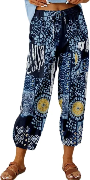 Women's Summer Linen Pants High Waisted Drawstring Printed Bohemian Capris Trousers