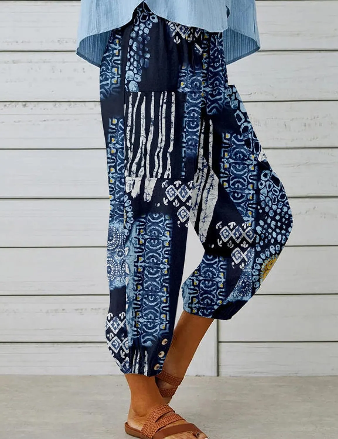 Women's Summer Linen Pants High Waisted Drawstring Printed Bohemian Capris Trousers