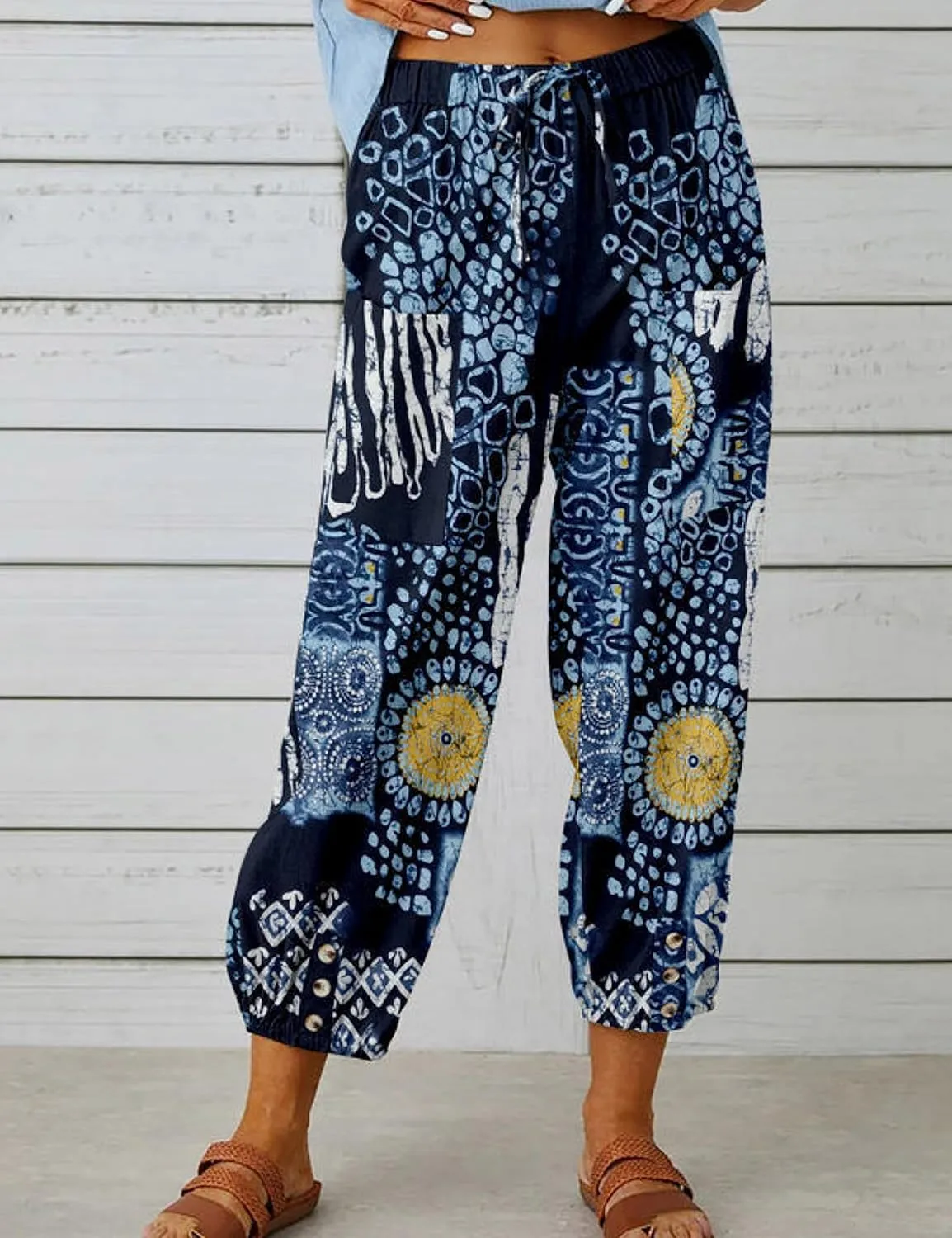 Women's Summer Linen Pants High Waisted Drawstring Printed Bohemian Capris Trousers
