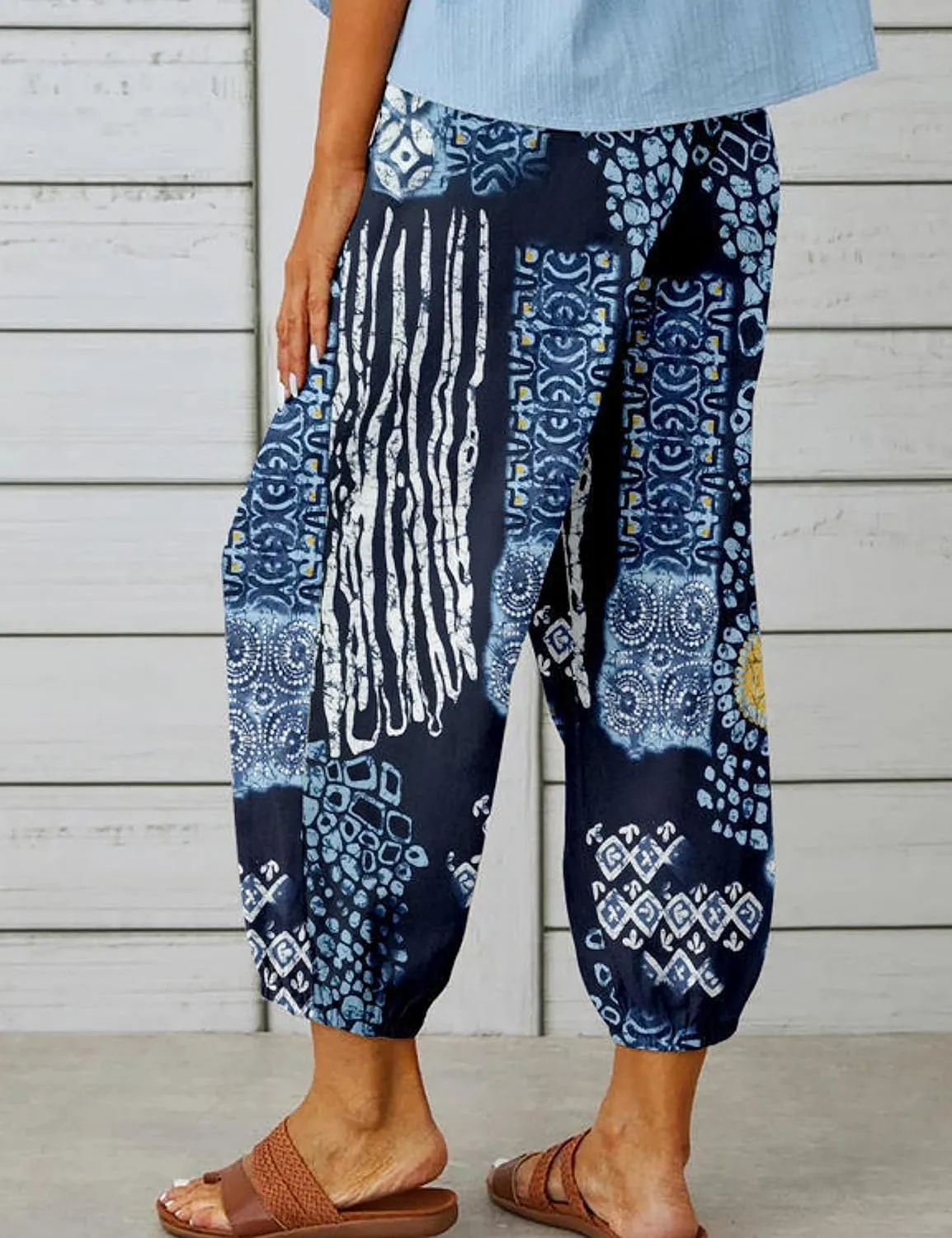 Women's Summer Linen Pants High Waisted Drawstring Printed Bohemian Capris Trousers