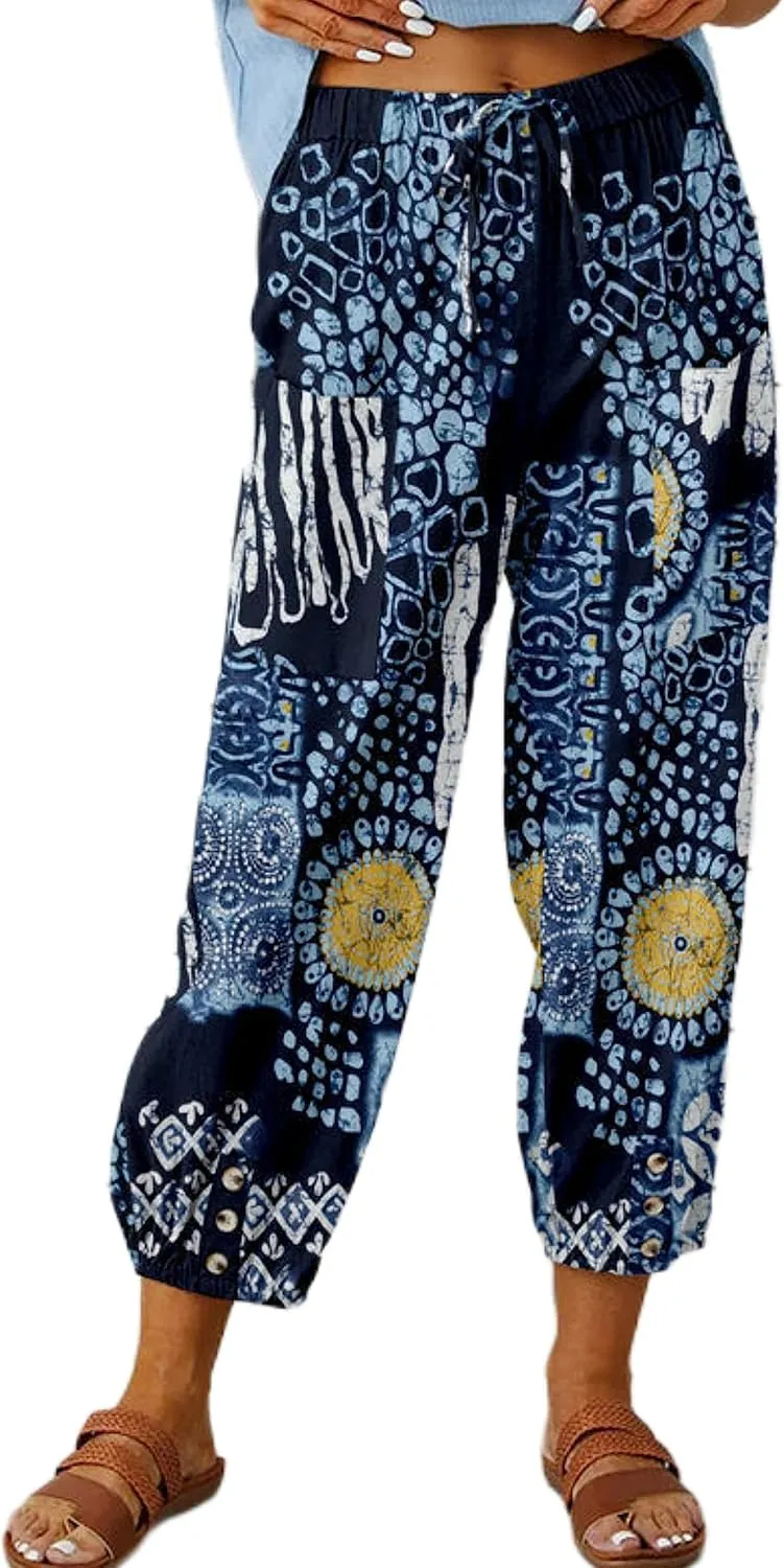 Women's Summer Linen Pants High Waisted Drawstring Printed Bohemian Capris Trousers