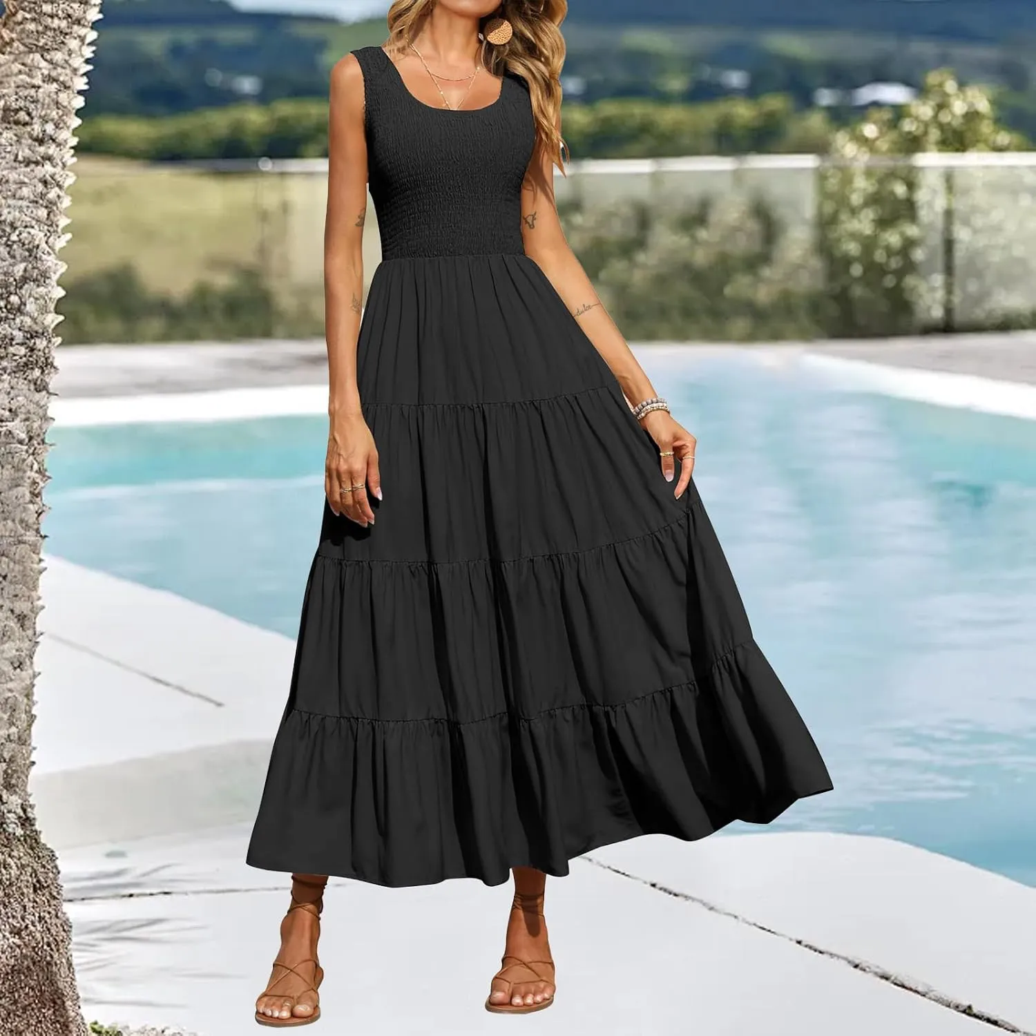 Womens Summer Maxi Sundress Sleeveless Smocked Tiered Tank A-Line Dresses Casual Loose Plain Swing Beach Dress