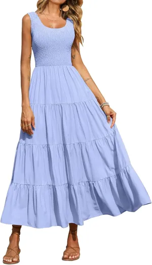 Womens Summer Maxi Sundress Sleeveless Smocked Tiered Tank A-Line Dresses Casual Loose Plain Swing Beach Dress