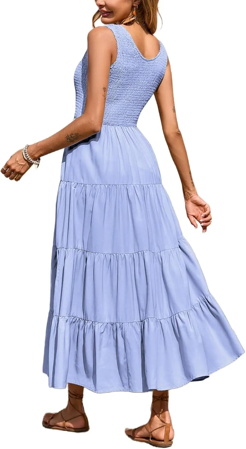 Womens Summer Maxi Sundress Sleeveless Smocked Tiered Tank A-Line Dresses Casual Loose Plain Swing Beach Dress