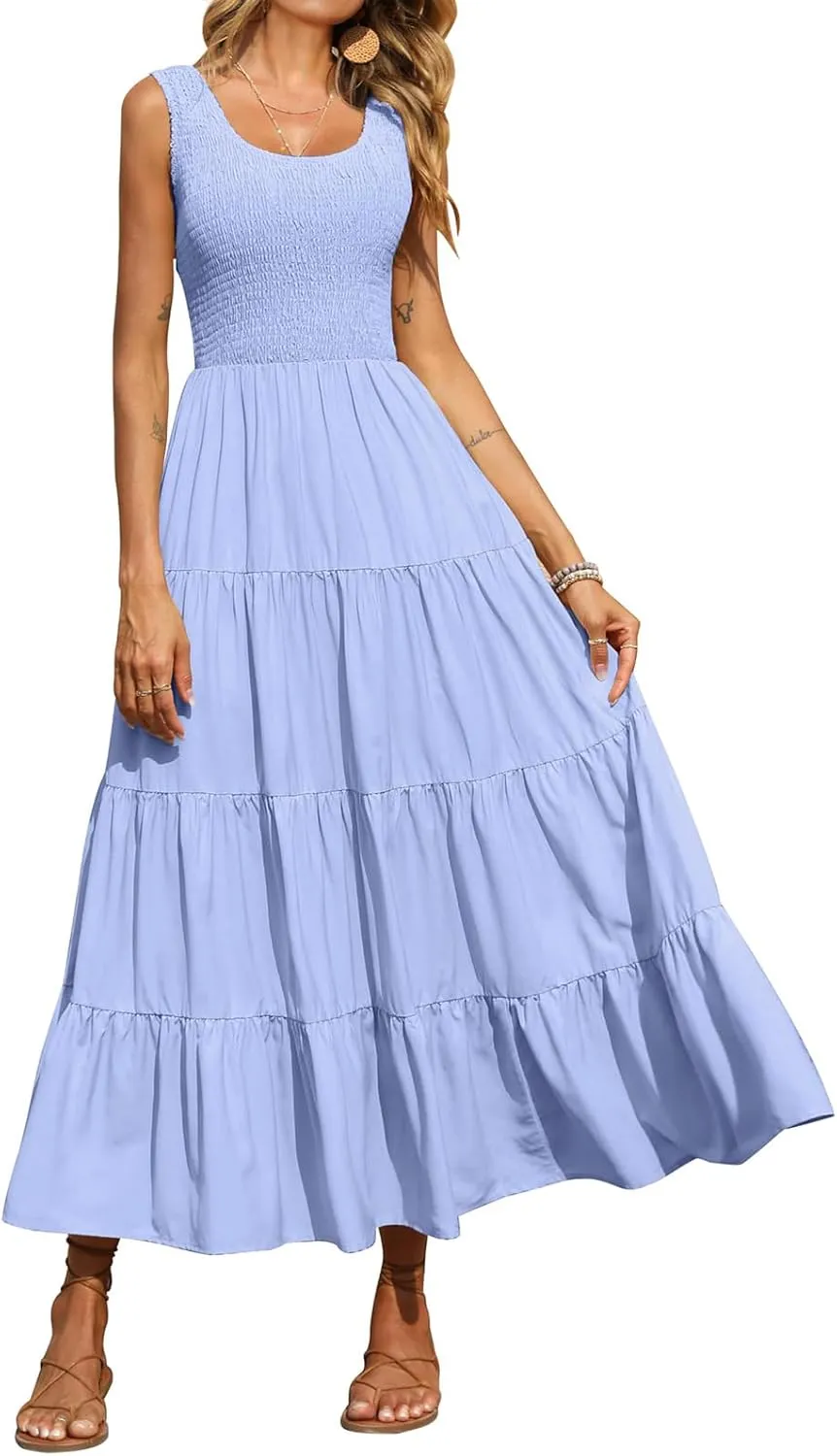 Womens Summer Maxi Sundress Sleeveless Smocked Tiered Tank A-Line Dresses Casual Loose Plain Swing Beach Dress