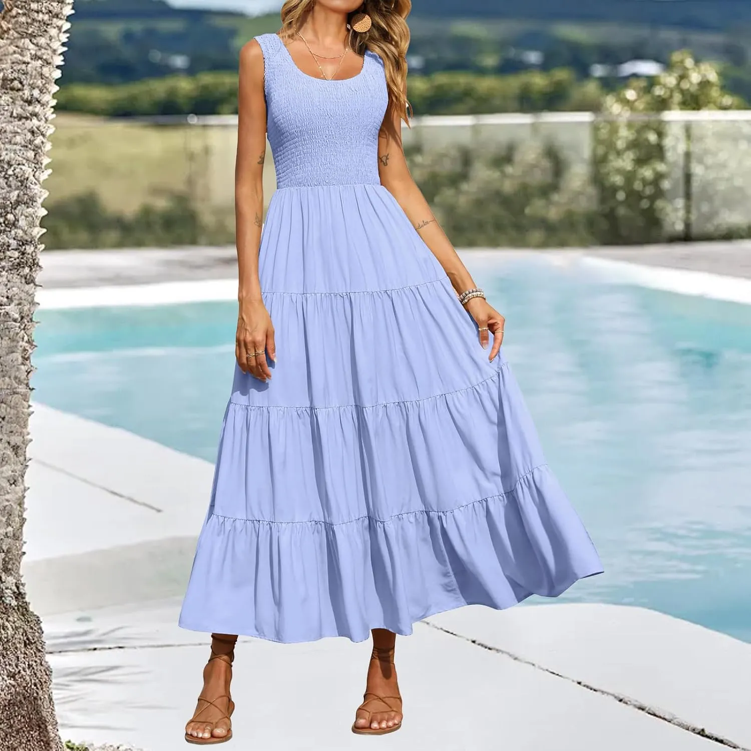 Womens Summer Maxi Sundress Sleeveless Smocked Tiered Tank A-Line Dresses Casual Loose Plain Swing Beach Dress