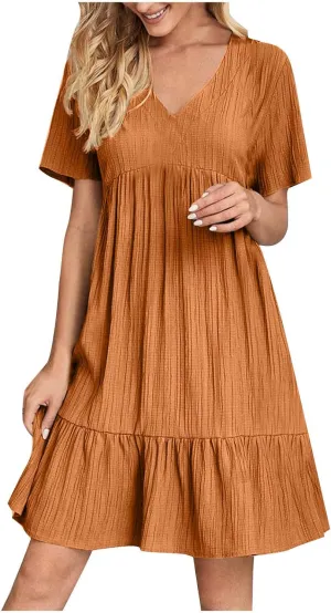 Women's Summer Midi Swing Dresses Casual Short Sleeve V Neck Pleated Tiered A Line Flowy Beach Sundress 2025