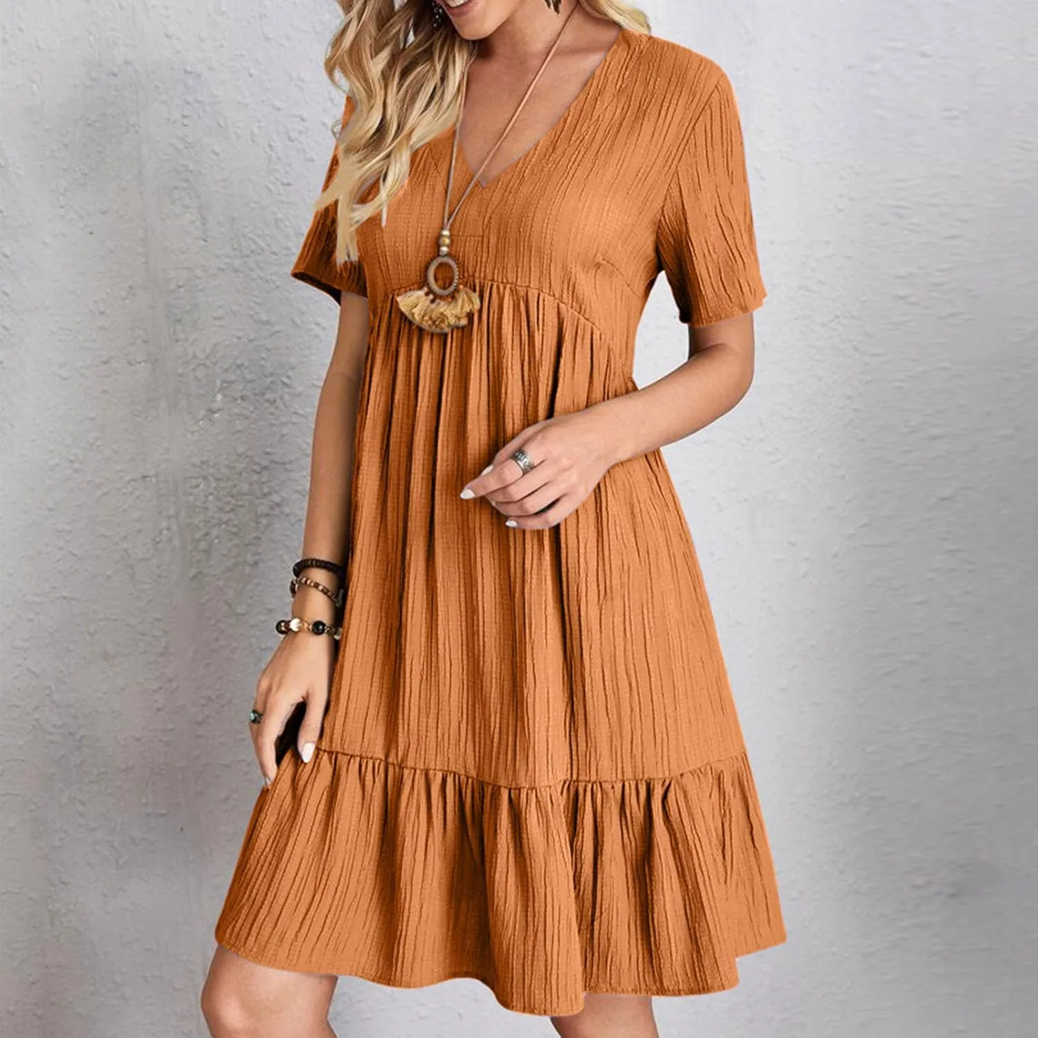 Women's Summer Midi Swing Dresses Casual Short Sleeve V Neck Pleated Tiered A Line Flowy Beach Sundress 2025