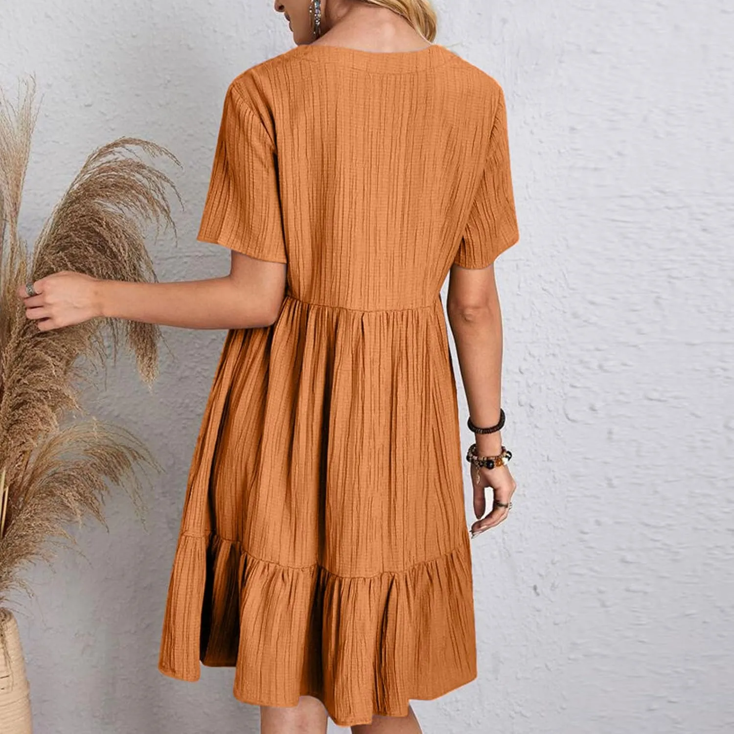 Women's Summer Midi Swing Dresses Casual Short Sleeve V Neck Pleated Tiered A Line Flowy Beach Sundress 2025