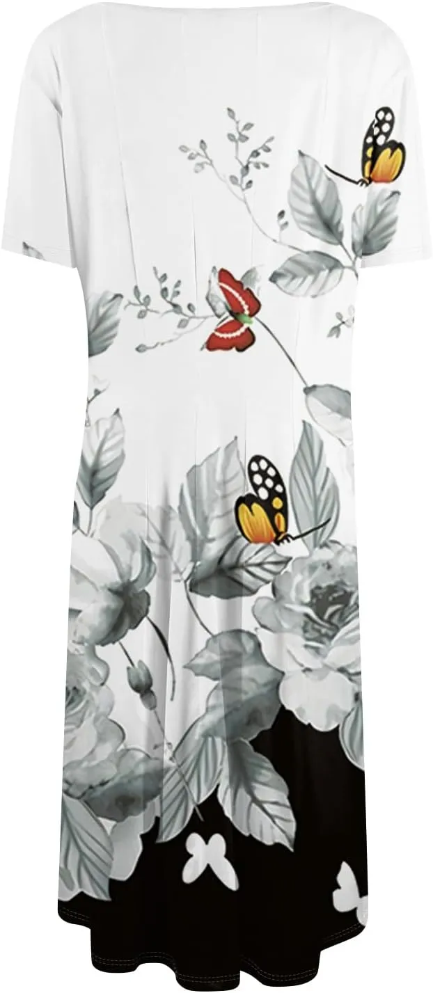 Womens Summer Short Sleeve Midi Dresses Casual Floral A-Line Dress Flowy Beach Vacation Sundress with Pocket