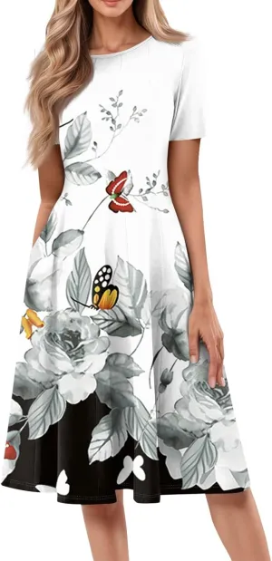 Womens Summer Short Sleeve Midi Dresses Casual Floral A-Line Dress Flowy Beach Vacation Sundress with Pocket