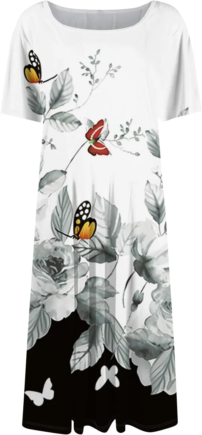 Womens Summer Short Sleeve Midi Dresses Casual Floral A-Line Dress Flowy Beach Vacation Sundress with Pocket