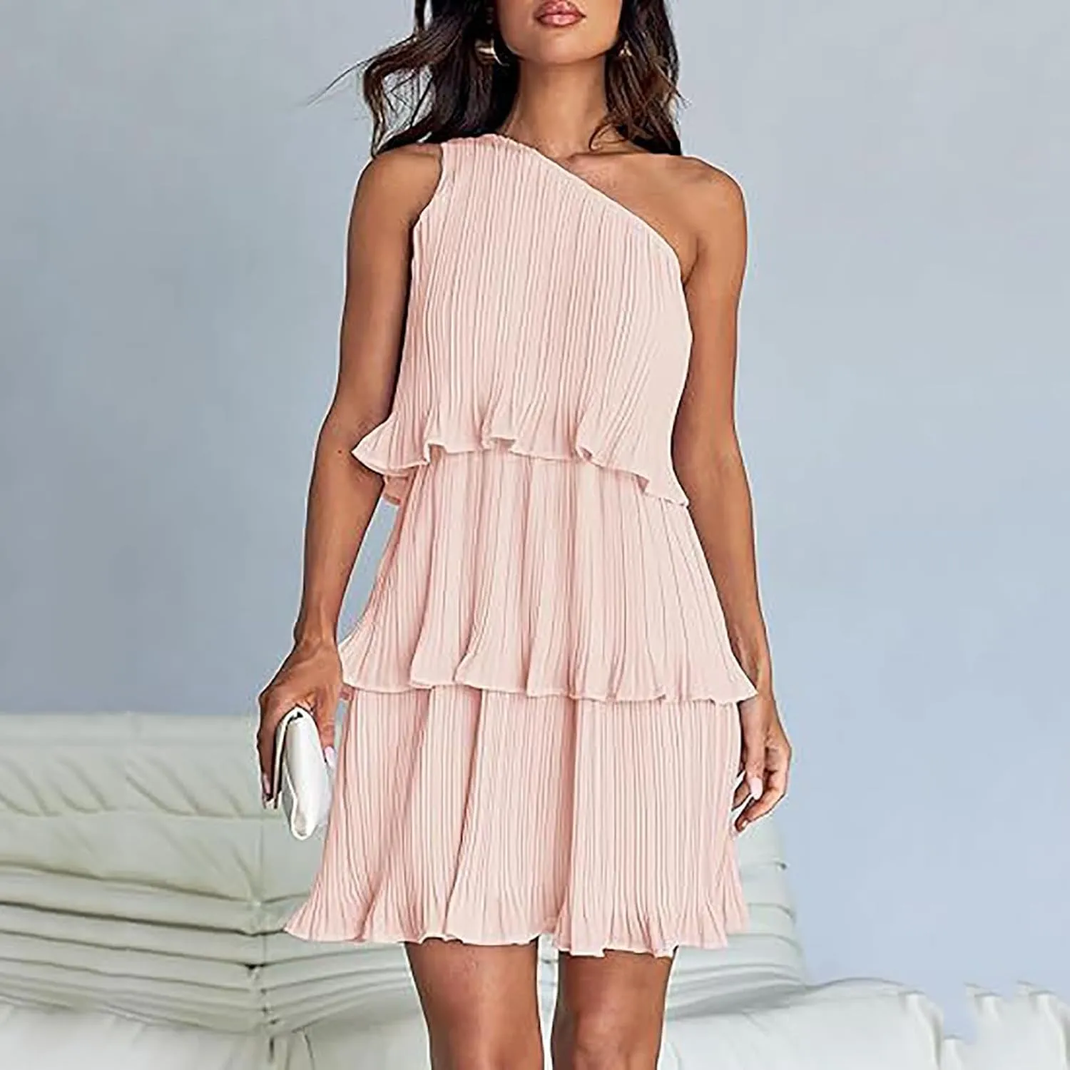 Women's Summer Sleeveless Mini Dress Boho One Shoulder Ruffle Tiered Layered Short Sundress Flowy Casual A Line Dress