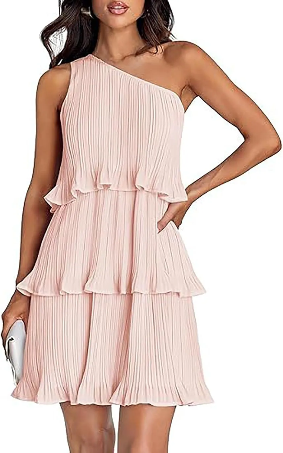Women's Summer Sleeveless Mini Dress Boho One Shoulder Ruffle Tiered Layered Short Sundress Flowy Casual A Line Dress
