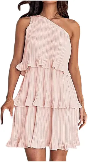 Women's Summer Sleeveless Mini Dress Boho One Shoulder Ruffle Tiered Layered Short Sundress Flowy Casual A Line Dress