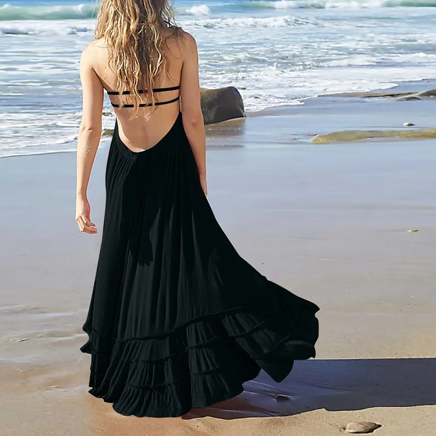 Women's Summer Spaghetti Straps Sleeveless Backless Sundress Flowy Smocked Lace Swing A Line Midi Tank Dress